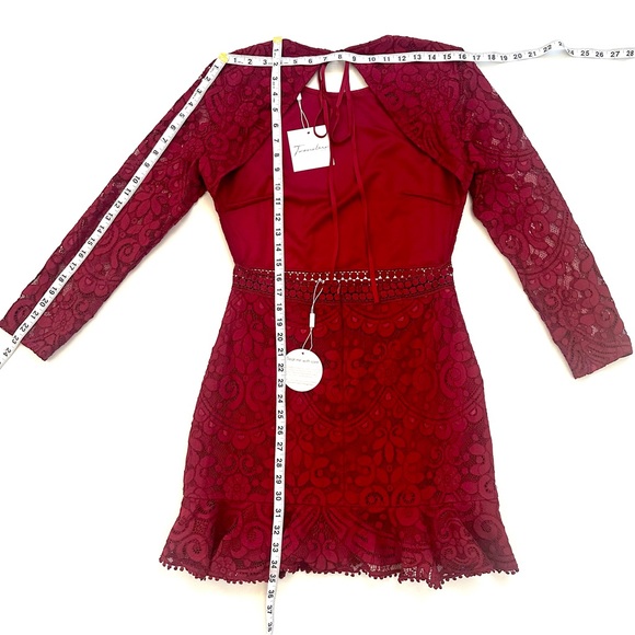 TWO SISTERS THE LABEL MEDINDIE RED LACE BACKLESS MINI DRESS W/FLUTTER HEM SzL - Picture 15 of 16